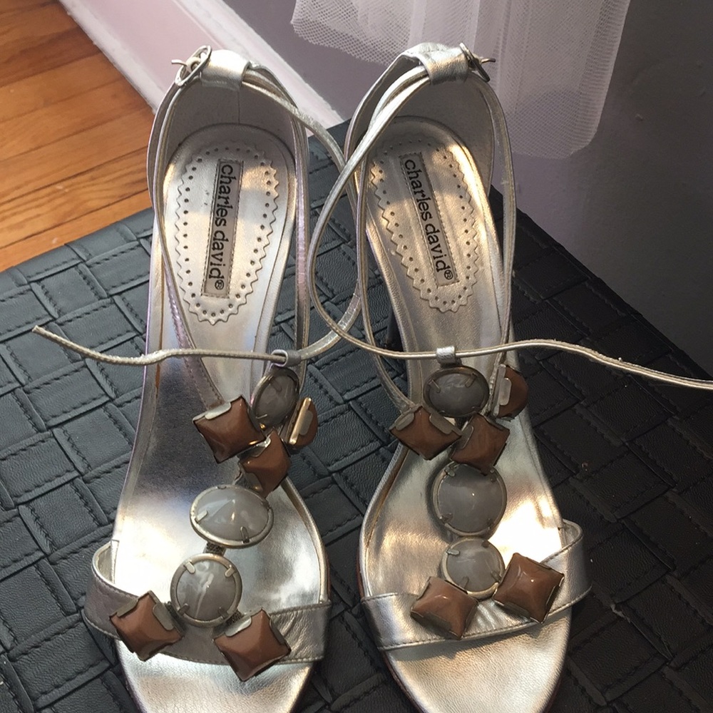 Charles David silver leather heel sandal